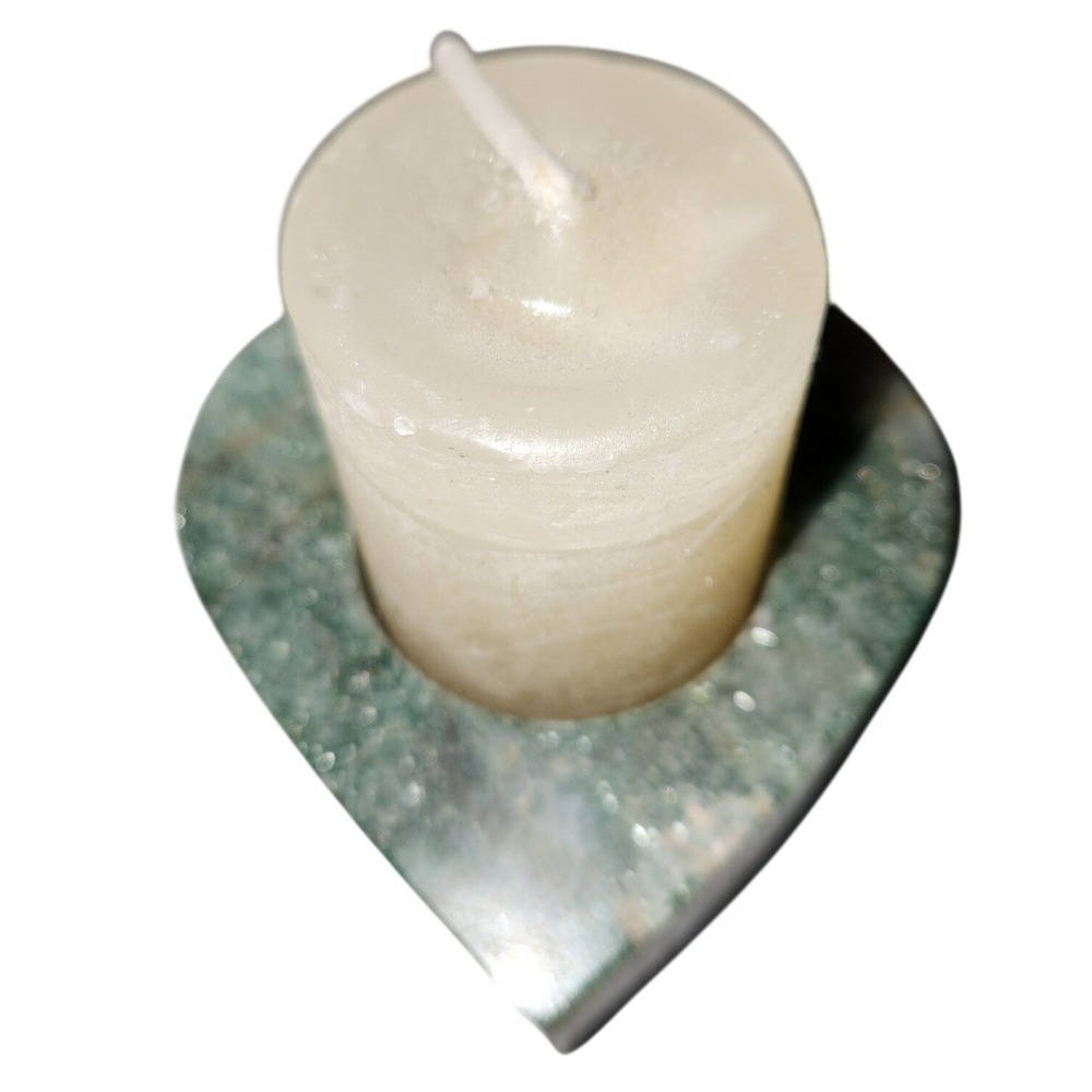 Green Natural Stone Heart Tea Light Candle Holder Polished Marble Altar Decor